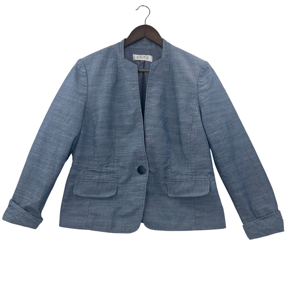 Kasper Blazer‎ Jacket Women 10 Blue Excellent Collarless Single Button Career